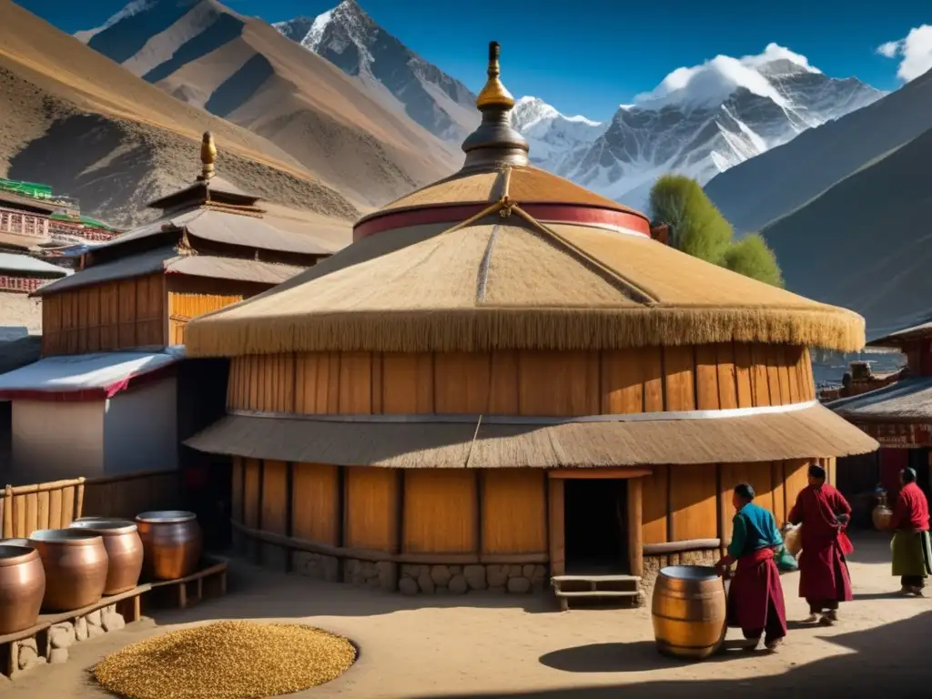 Brewery tibetana en las montañas Tibetan brewery in Himalayas: brewers, copper vats, traditional attire, breathtaking landscape