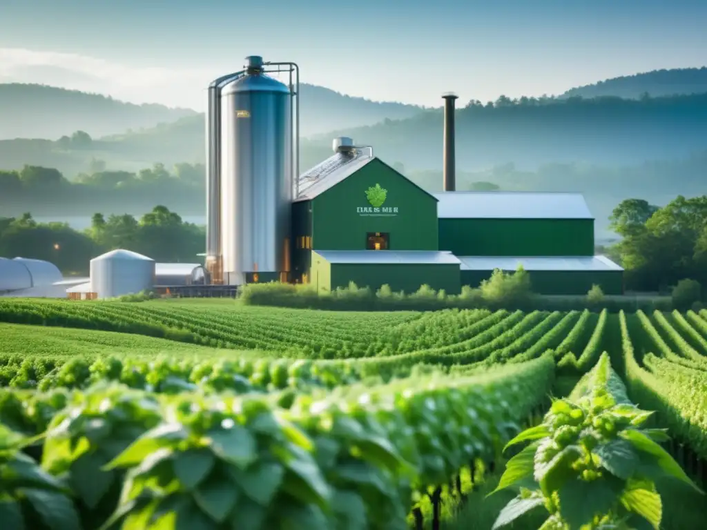 Cervecería sostenible entre vegetación Cervecería ecológica rodeada de naturaleza, resaltando detalles de lúpulo y arquitectura sostenible