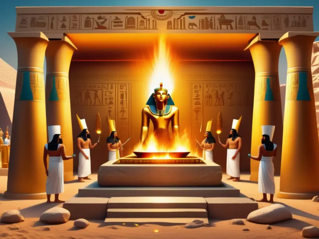 Ceremonia de elaboración de cerveza egipcia El Regalo de Osiris: ritual de cerveza en templo egipcio con sacerdotes, hieroglyphics y estatua dorada