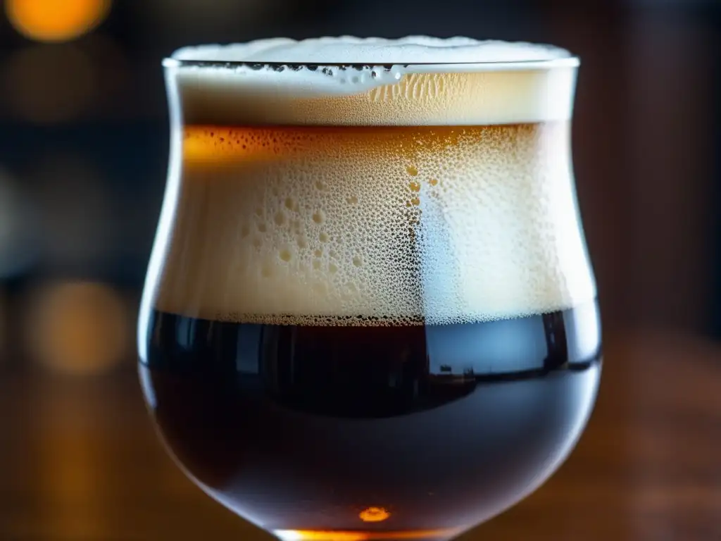 Cerveza Brooklyn Brown Ale en copa elegante Brown Ale vertida en copa elegante, con espuma cremosa y tonos ámbar