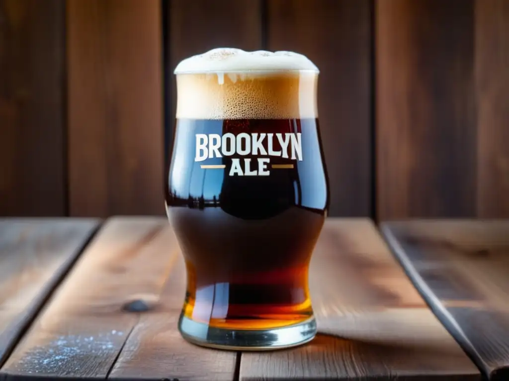 Cerveza Brooklyn Brown Ale en vaso de vidrio Imagen detallada de una cerveza Brooklyn Brown Ale en un vaso de cristal en una mesa de madera