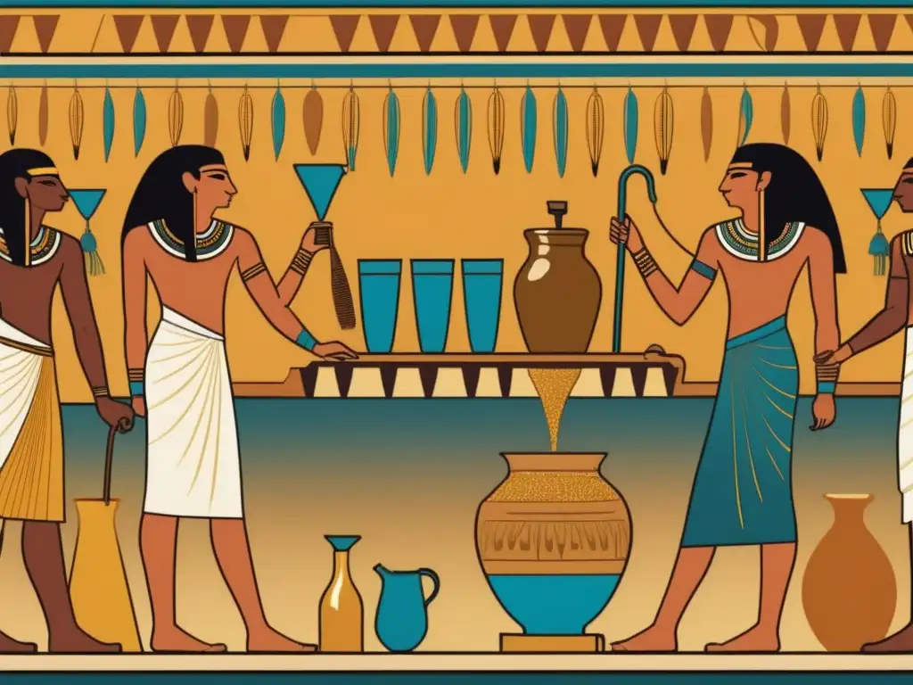 Antigua escena de fabricación de cerveza egipcia Escena de elaboración de cerveza egipcia con vibrantes colores y tradición: El Regalo de Osiris