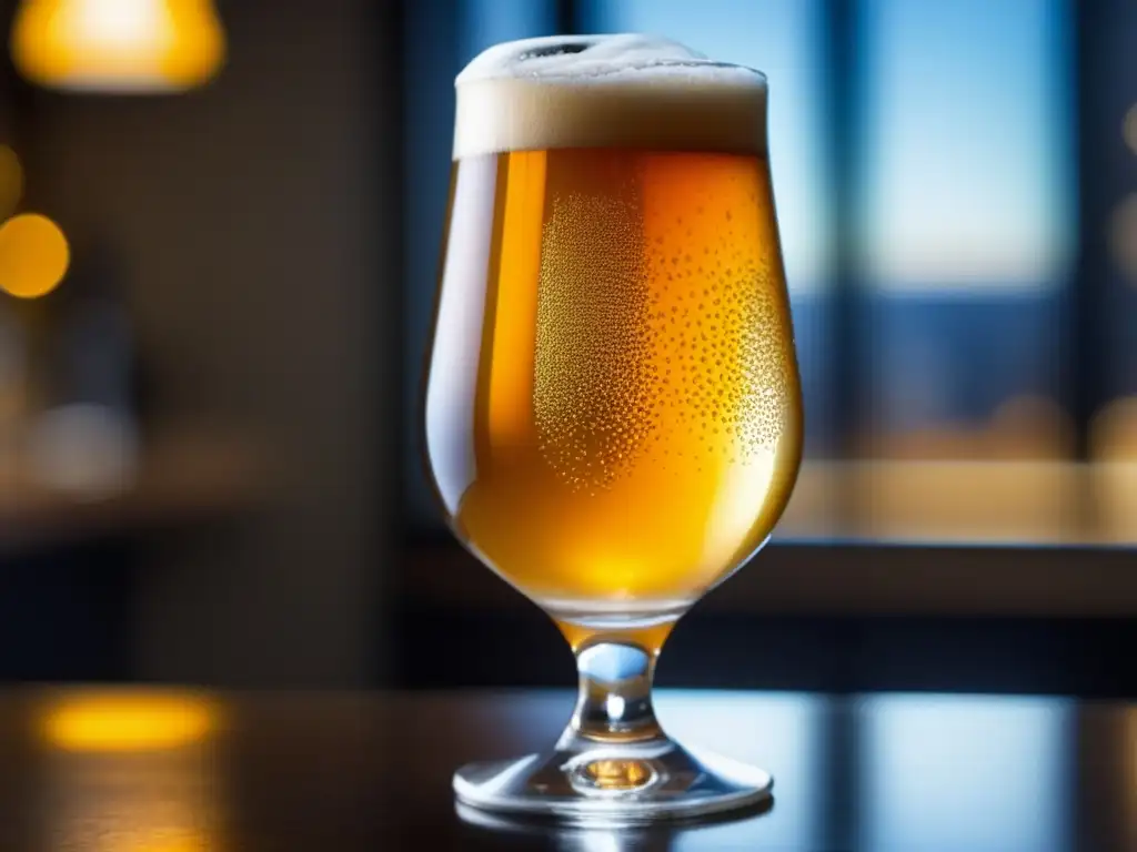 Cerveza Brut IPA dorada con burbujas y elegante presentación