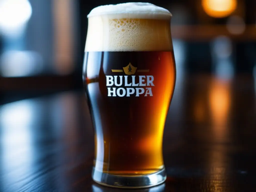 Cerveza Buller Hophead Double IPA, color ámbar intenso Cerveza Buller Hophead Double IPA: color ámbar, espuma blanca, burbujas, condensación, detalles precisos, acabado mate