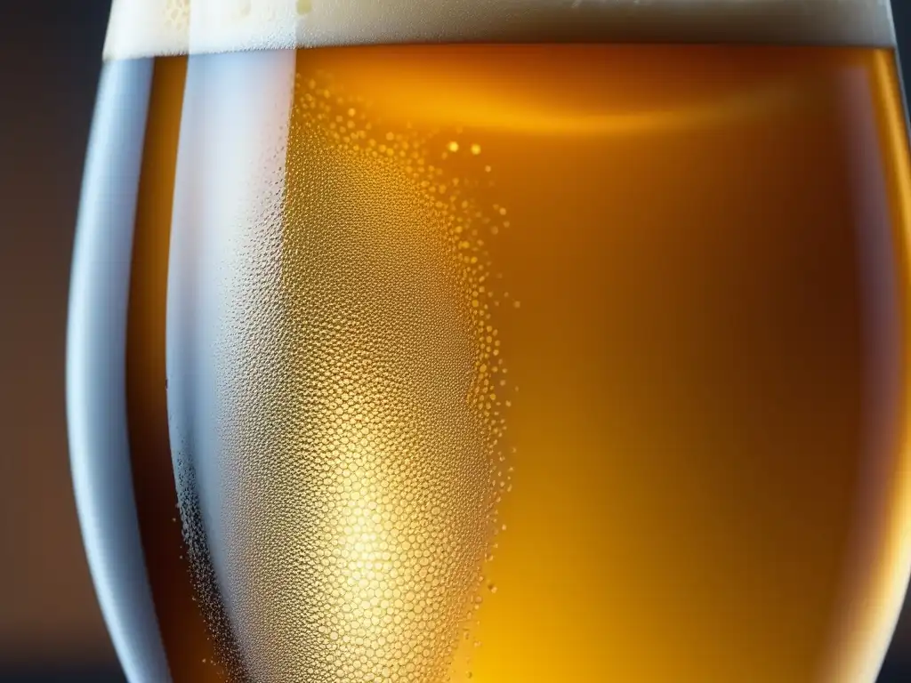 Cerveza dorada con burbujas y condensación Macrofoto de una cerveza dorada efervescente, resaltando burbujas y condensación, ideal para explorar la maduración de la cerveza