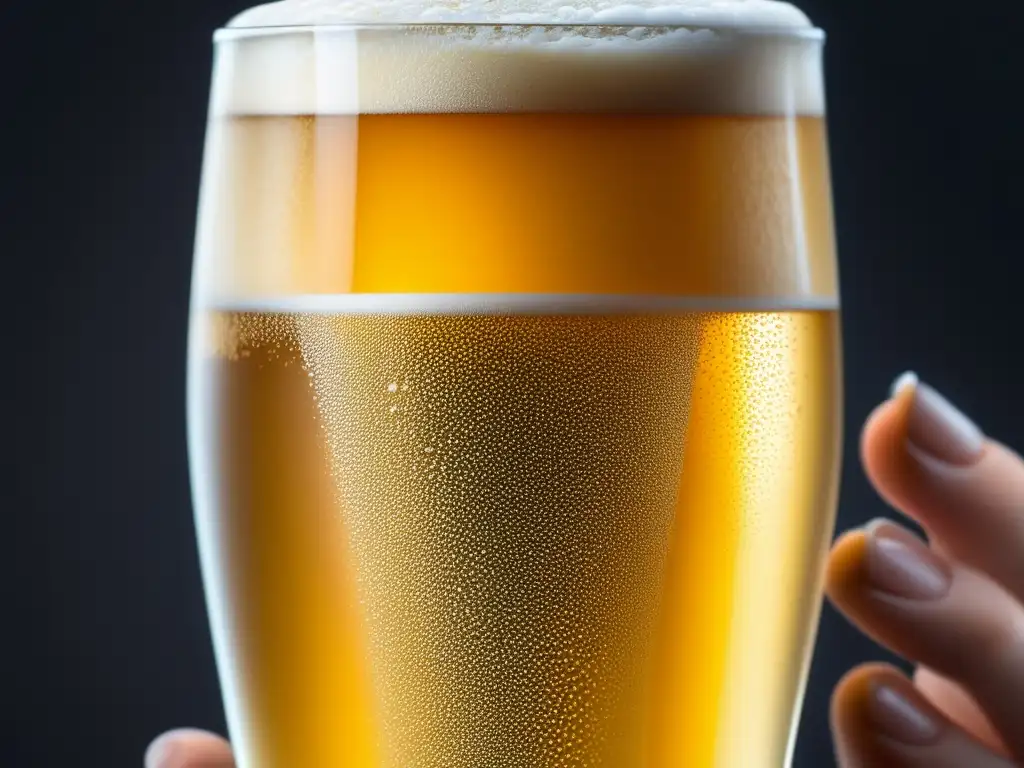 Cerveza Kölsch dorada con burbujas efervescentes en un vaso alto y delgado, sostenido delicadamente por una mano