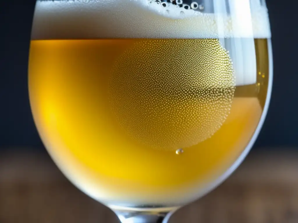 Cerveza Gueuze dorada con burbujas y espuma Una copa de Gueuze dorada con burbujas y condensación, resaltando su claridad y textura