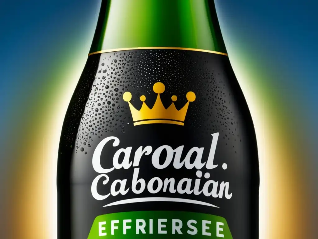 Botella de vidrio con bebida carbonatada, burbujas y etiqueta Botella de vidrio con bebida carbonatada, proceso de carbonatación natural