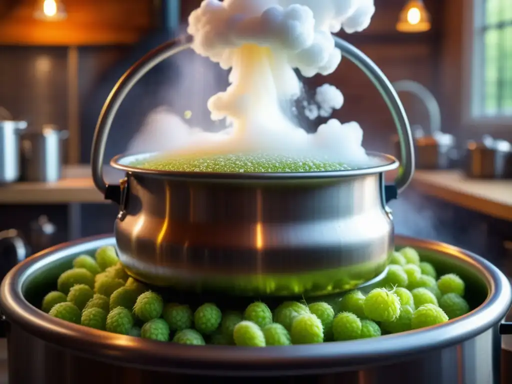Caldera de cocción con wort burbujeante Ebullición lúpulo en una imagen detallada de una olla de cocción con wort hirviendo, burbujas vibrantes y lúpulo fresco