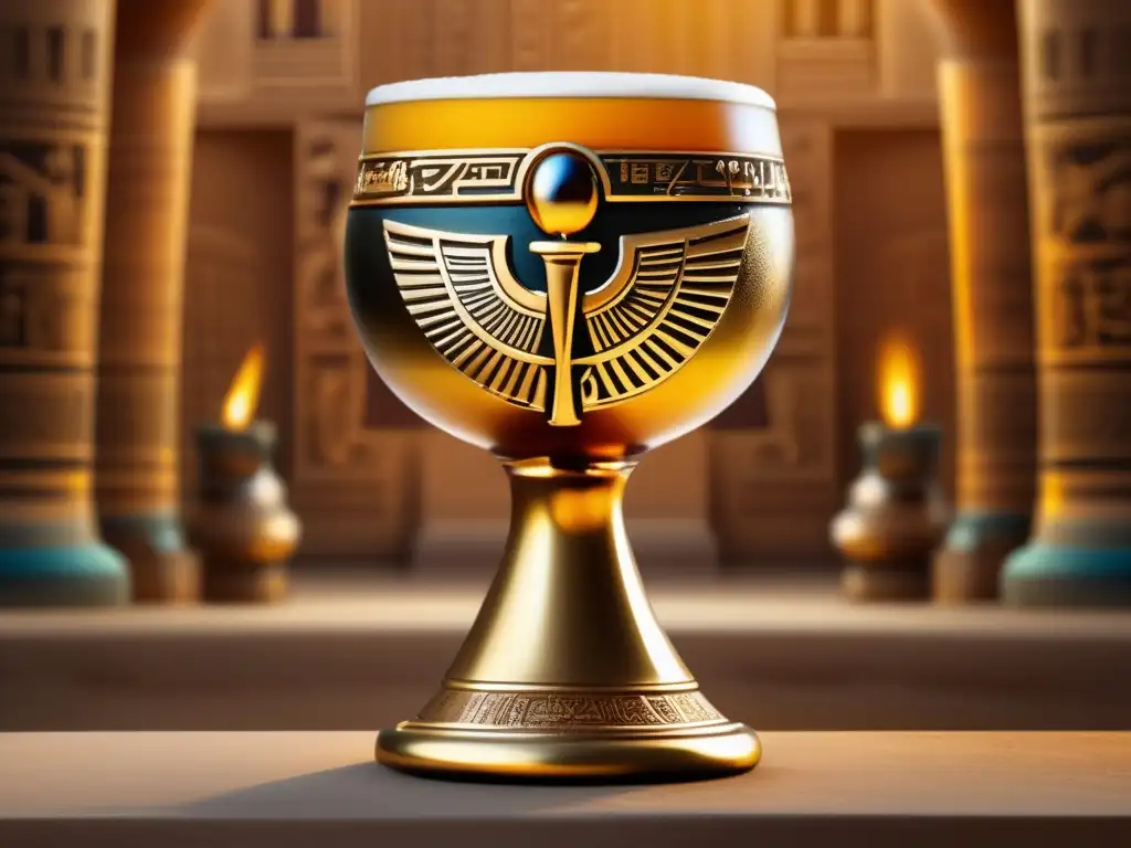 Chalice dorado con cerveza en pedestal El Regalo de Osiris: Chalice de cerveza dorada, con jeroglíficos egipcios y detalles de Osiris, resaltado por la iluminación y sombras