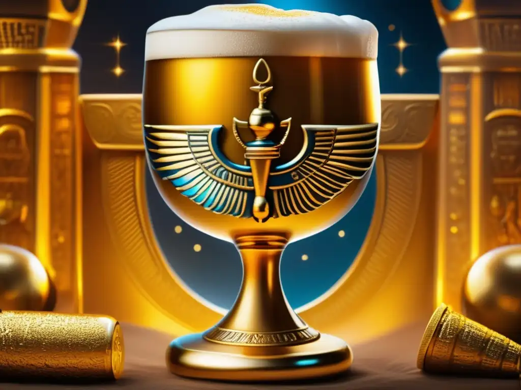 Chalice dorado con cerveza espumosa Chalice dorado lleno de cerveza ámbar, con grabados de Osiris, dios egipcio, y espuma detallada