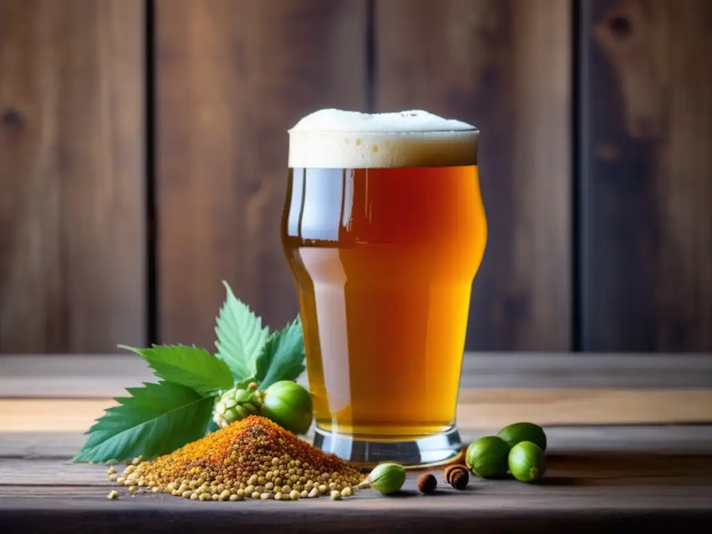 Doble IPA con especias indias en mesa de madera Doble IPA y Comida India: Cerveza dorada, espumosa y aromática con especias vibrantes y detalles exquisitos