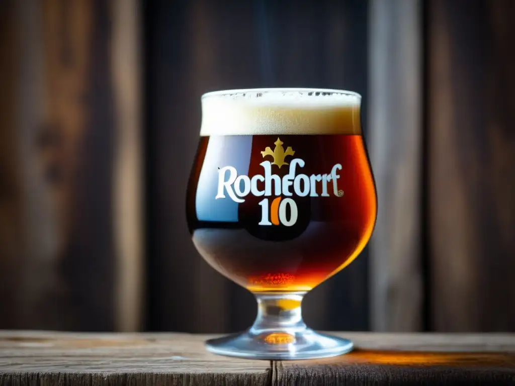 Cerveza Rochefort 10 Quadrupel en vidrio Cerveza Rochefort 10 Quadrupel, color ámbar profundo, cabeza cremosa, efervescencia y elegante textura mate
