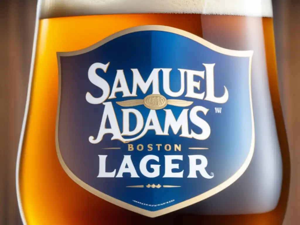 Cerveza Samuel Adams Boston Lager en vaso de cristal Cerveza Samuel Adams Boston Lager dorada y brillante en vidrio, con espuma cremosa y detalles intrincados