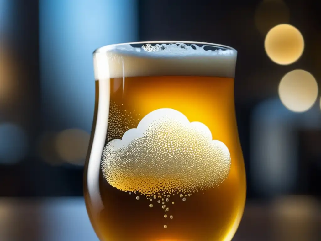 Cristal de cerveza artesanal dorada y efervescente, con espuma cremosa y detalles de burbujas