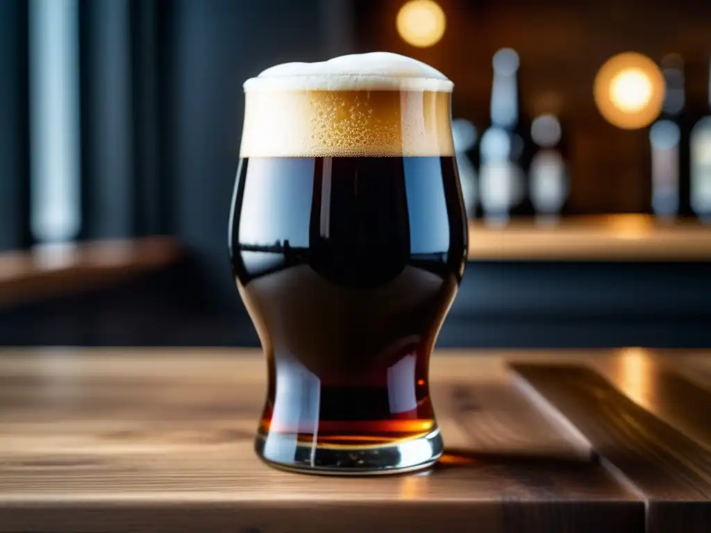 Cerveza oscura con espuma cremosa Cerveza Dark Lager con espuma cremosa, burbujas y condensación en mesa de madera