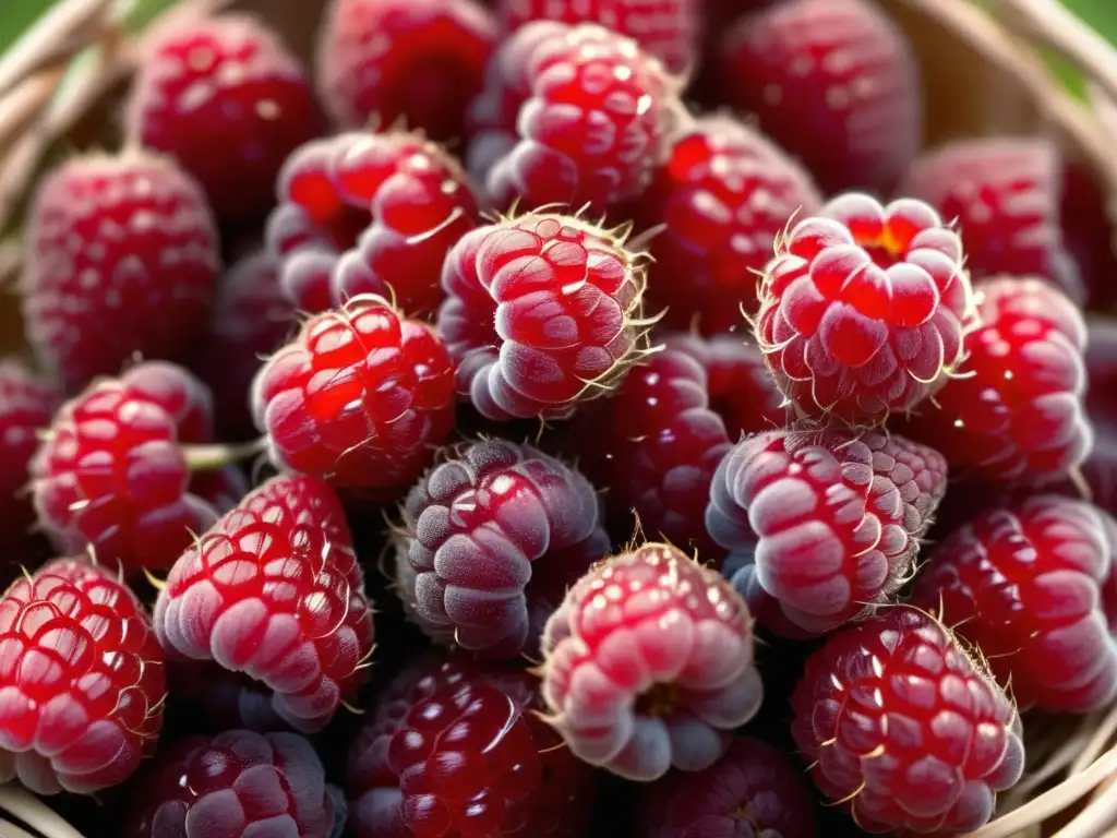 Deliciosas frambuesas rojas, jugosas y perfectas Exquisita cesta de frambuesas rojas, jugosas y brillantes, con textura delicada y patrón de semillas intrincado