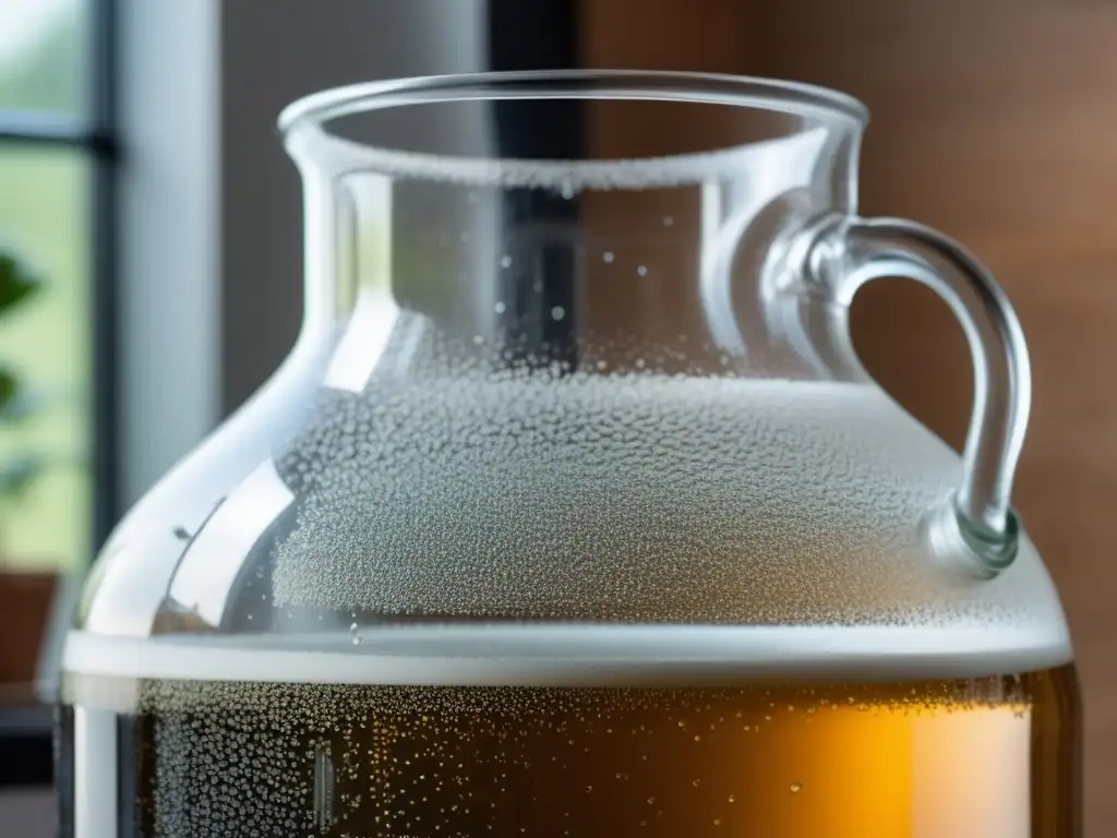 Limpieza impecable de carboy de vidrio para homebrewing, reflejando luz suave y agua en el interior