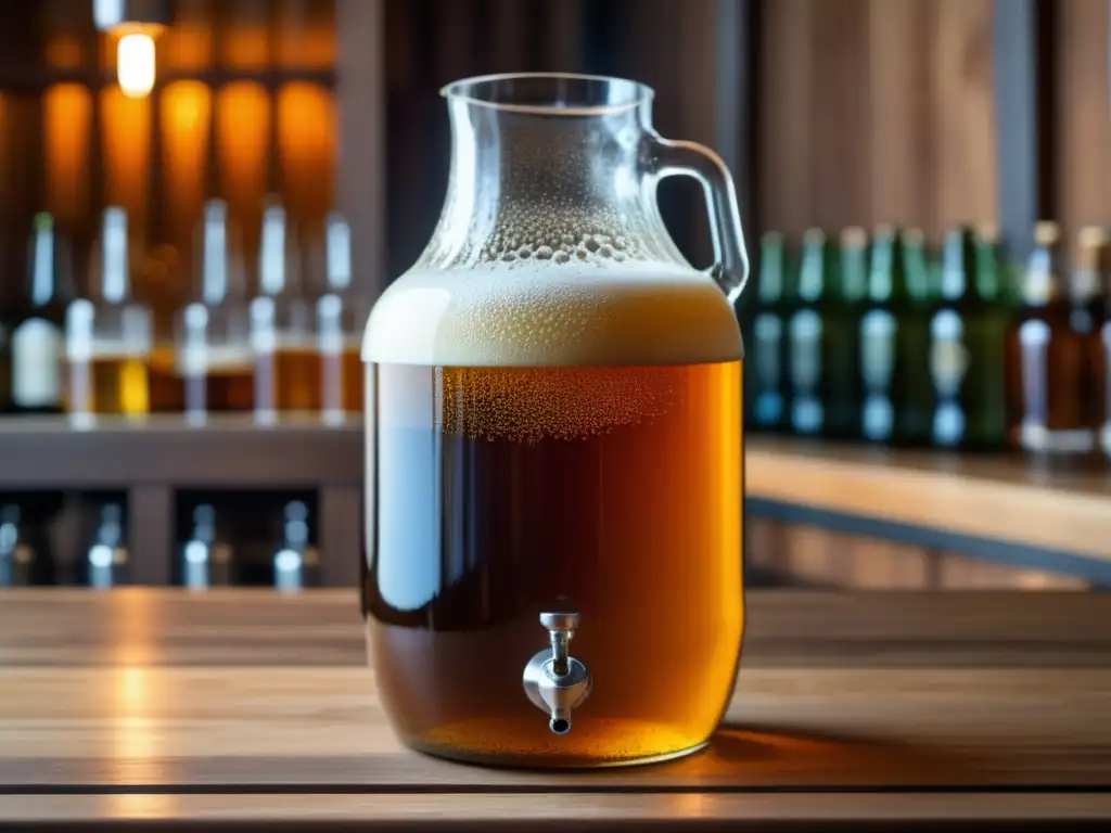 Detallada imagen de un carboy de vidrio lleno de cerveza ámbar, con el proceso de fermentación en curso