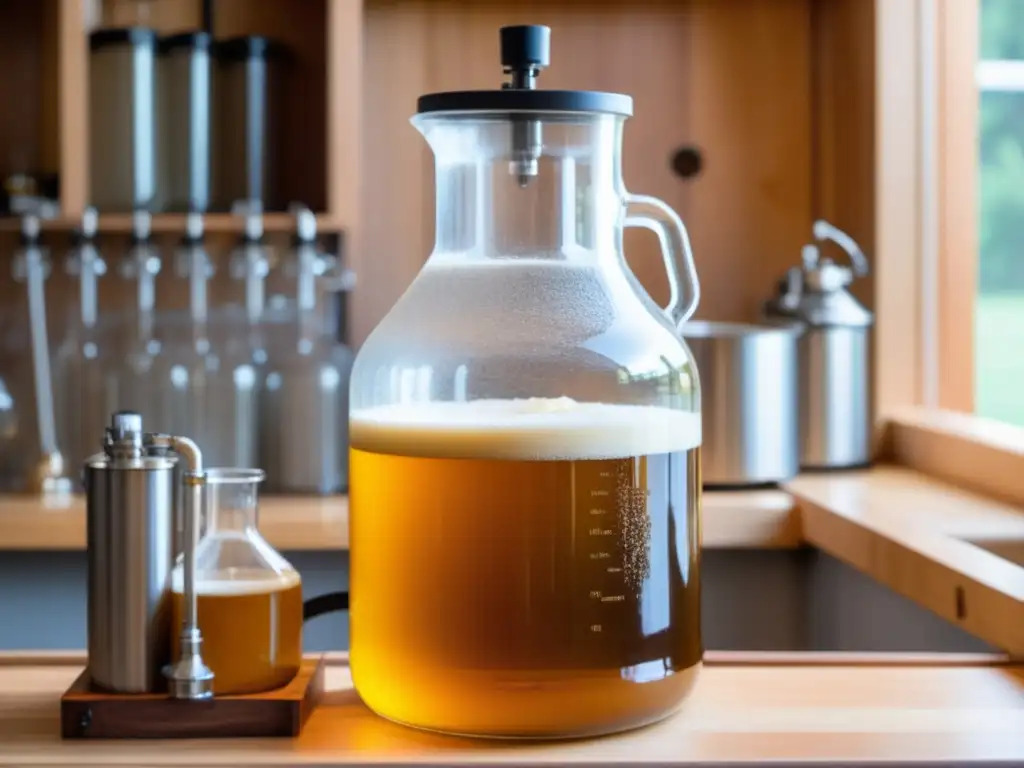 Proceso de clarificación y maduración en homebrewing Técnicas Avanzadas: Carboy de vidrio con líquido dorado en proceso de clarificación y maduración en homebrewing