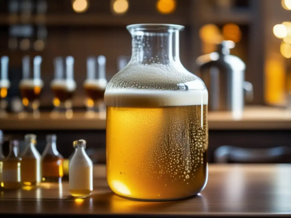 Líquido dorado burbujeante en carboy de vidrio Técnicas Avanzadas: Imagen detallada de un matraz con líquido dorado y burbujas, rodeado de equipo de elaboración