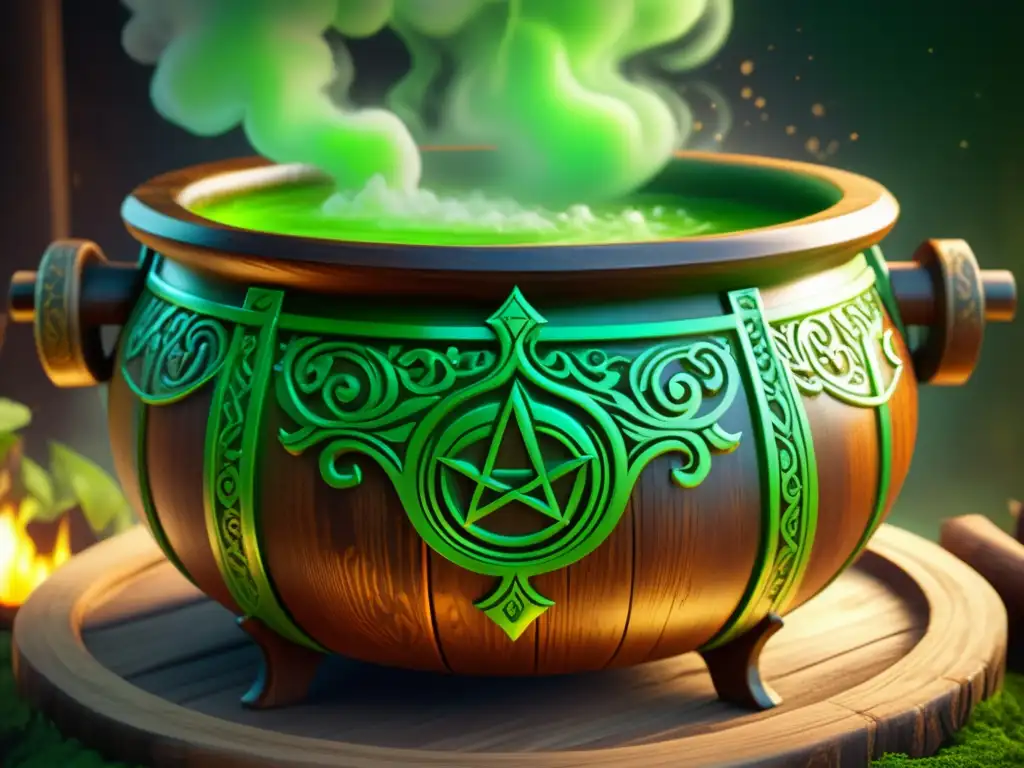 Cauldron místico lleno de líquido burbujeante Las Brujas de Walpurgis y la Cerveza: Un caldero antiguo con líquido burbujeante, adornado con símbolos místicos y una neblina verde vibrante