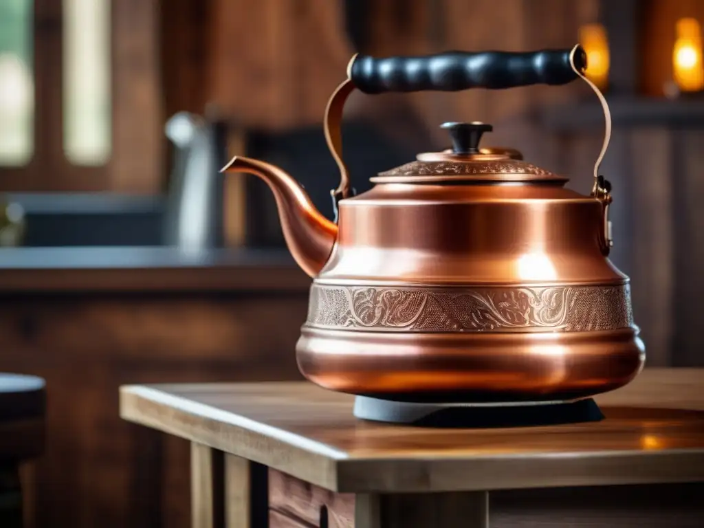 Hervidora de cobre en mesa de madera Kettle de cobre tradicional en mesa de madera con fondo rústico