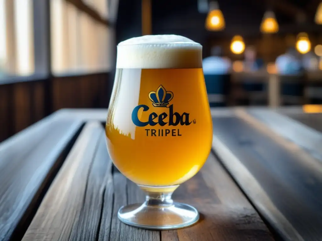 Cerveza dorada belga con espuma cremosa Tripel belga dorada, cerveza Ceiba en vaso con espuma cremosa, color vibrante y efervescencia en mesa de madera