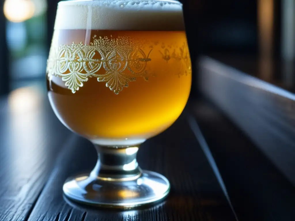 Cerveza dorada Ceiba Tripel en vaso Cerveza Ceiba Tripel dorada con burbujas y espuma blanca en un vaso sobre superficie de madera oscura