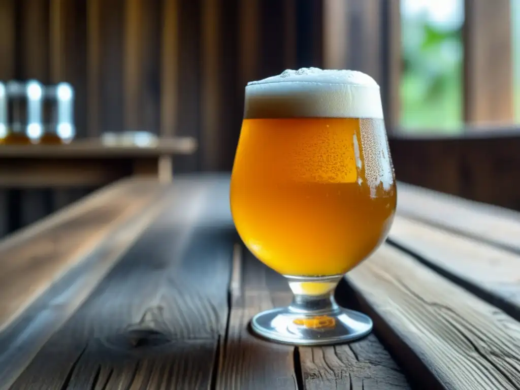 Cerveza dorada Ceiba Tripel en mesa de madera Una detallada imagen de una copa llena de cerveza Ceiba Tripel de color dorado reposa sobre una mesa de madera rústica