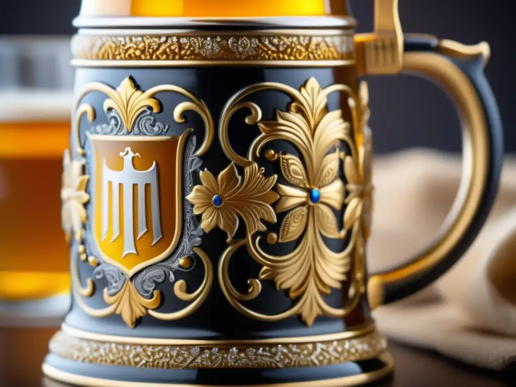 Stein de cerveza bávara dorada y efervescente Stein de cerveza alemán con diseños bávaros, rebosante de cerveza dorada y espumosa