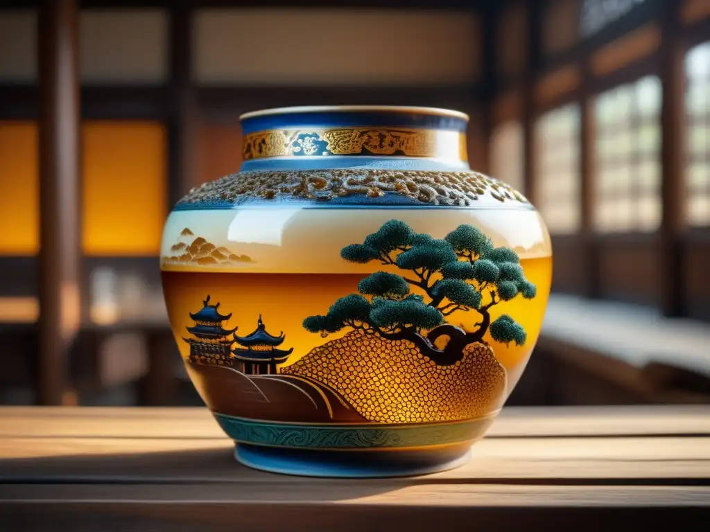 Vaso cerámico chino con cerveza artesanal Vaso cerámico chino antiguo con cerveza artesanal ámbar y detalles pintados a mano