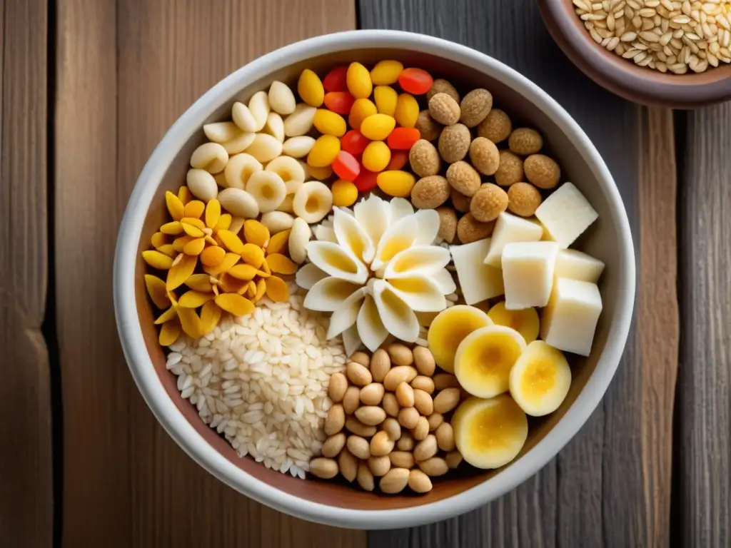 Cuenco de cereales coloridos en mesa de madera Guía cereales - Bowl de cereales coloridos y detallados con arroz, maíz y avena, en una mesa de madera rústica