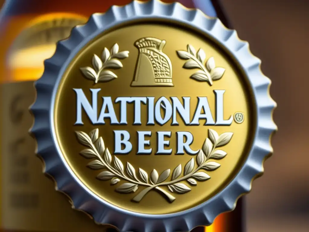Certificación nacional de calidad en la industria cervecera Detalles elegantes de una tapa de botella dorada con el emblema de certificaciones nacionales