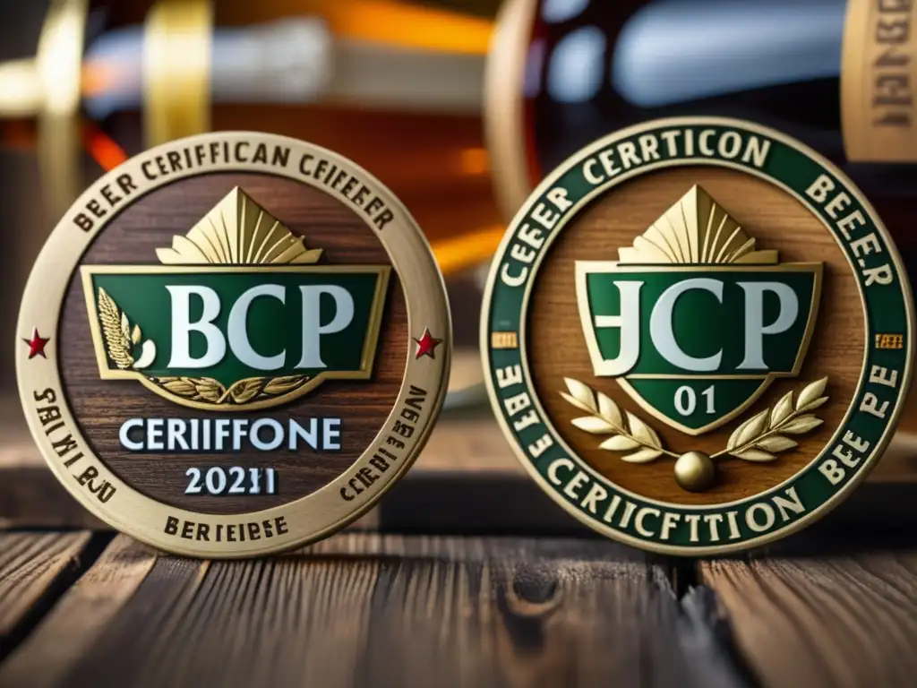 Certificaciones Cicerone y BJCP en madera Diferencias entre Certificaciones: Macro imagen en 8k de dos insignias de certificación en una superficie de madera rústica
