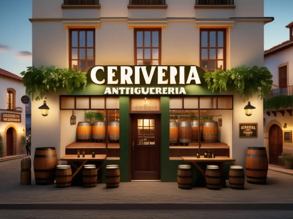 Cervecería Antiguo Barril: Tradición y Ambiente Cervecería Antiguo Barril - Conoce la Tradición: Imagen fotorealista de la cervecería al atardecer, resaltando su encanto histórico y la hospitalidad