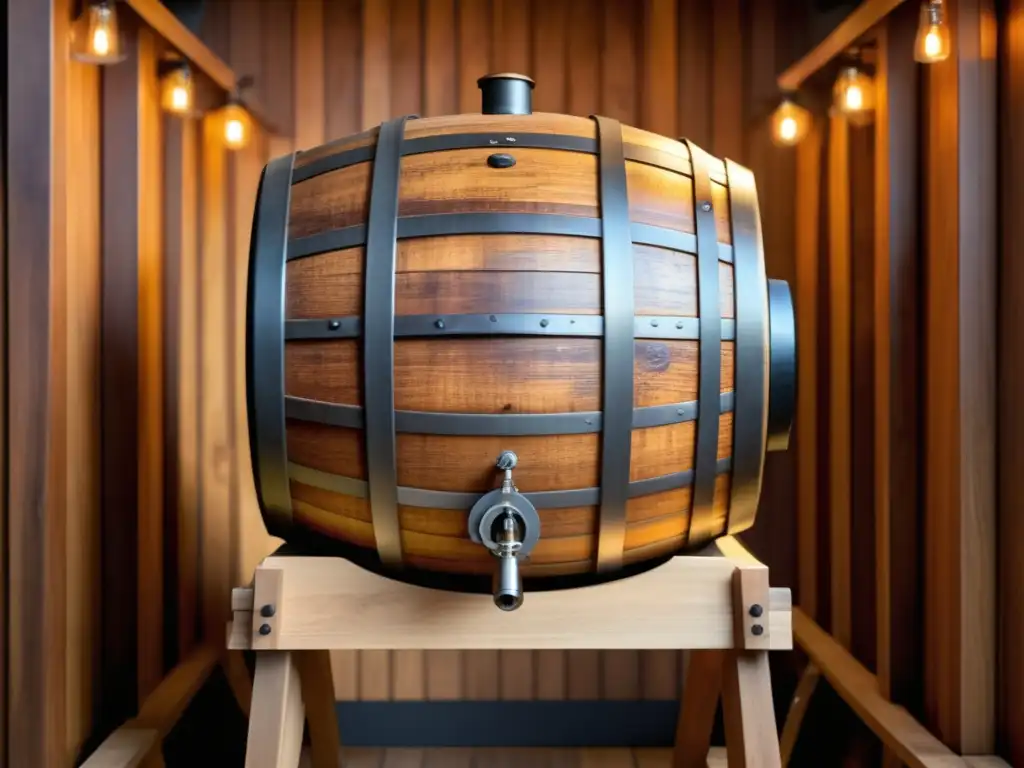 Barril de fermentación artesanal en Cervecería XYZ Métodos de Fermentación en barriles de madera, resaltando la artesanía y riqueza del proceso