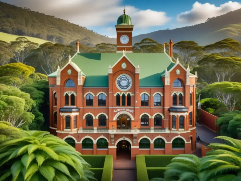 Cascade Brewery en Australia: Historia y belleza arquitectónica en una imagen 8k detallada, con exuberante vegetación y fachada de ladrillo rojo