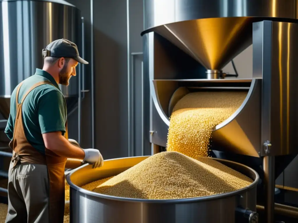Trabajador de Cascade Brewery maltea y muele granos