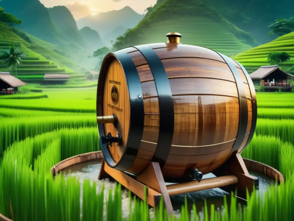 Cerveceros vietnamitas elaborando cerveza tradicional Ruta por Vietnam: Cervecería vietnamita tradicional en paisaje de arrozales verdes