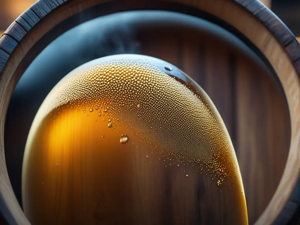 Cervecería artesanal: Proceso de elaboración de cerveza Viaje Fermentativo: Barril de madera con cerveza dorada burbujeante, resaltando la artesanía y los ingredientes naturales