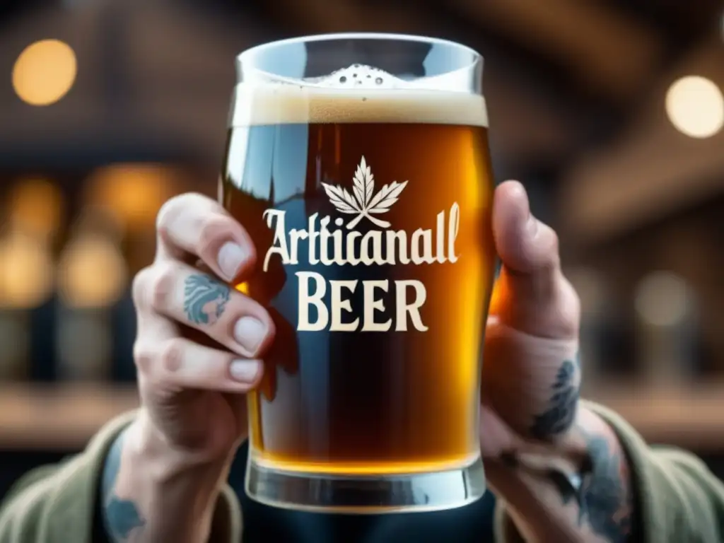 Manos tatuadas sostienen cerveza artesanal Manos de trabajador de cervecería sosteniendo una cerveza artesanal, con tatuajes rústicos y decorada con lúpulo fresco