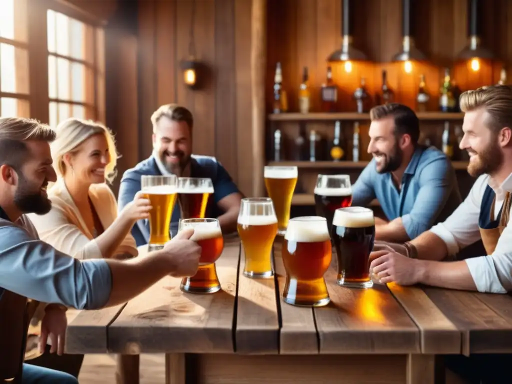 Grupo de cerveceros apasionados en mesa rústica con variedad de vasos, equipamiento e ingredientes