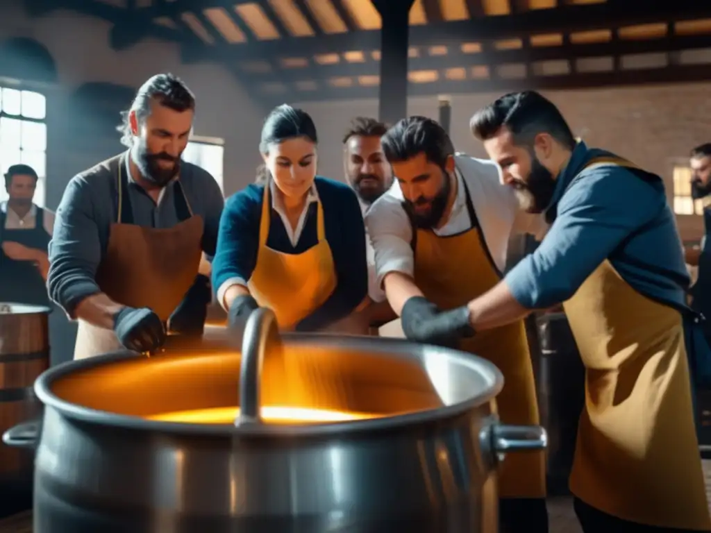 Grupo de cerveceros apasionados de la Asociación Cervecera Artesanal de Argentina en una destilería rústica