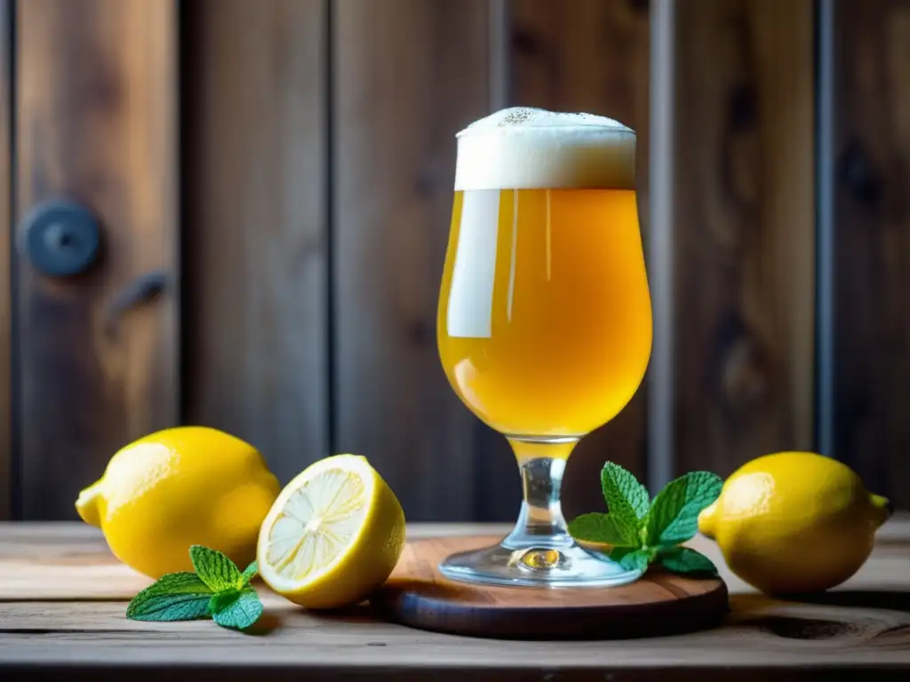 Cerveza amarilla con limón y menta en vaso Cerveza sour amarilla con limón y menta en vaso de vidrio en mesa de madera - Tesoros del Homebrewing