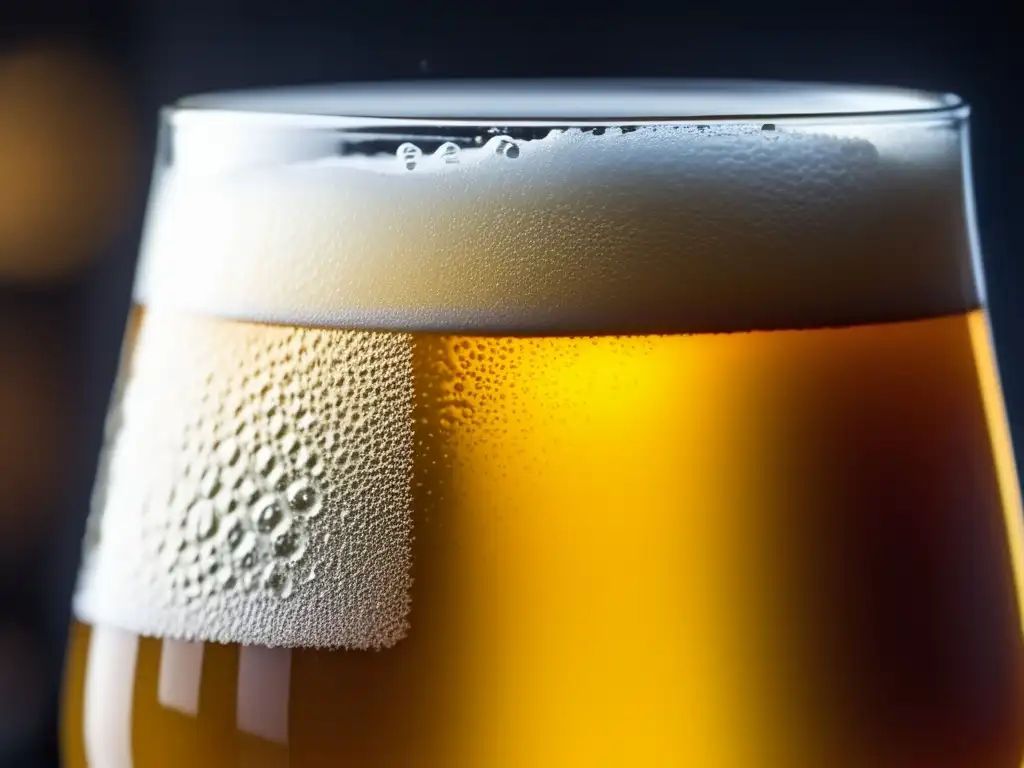 Cerveza dorada con espuma cremosa Cerveza ácida con burbujas doradas en vaso helado