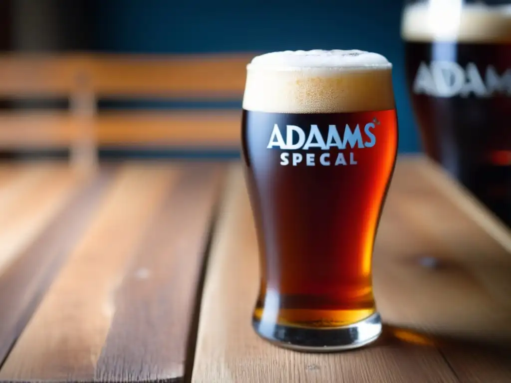 Cerveza ambarina en vaso de madera Cerveza Adnams Broadside Extra Special Bitter en mesa de madera