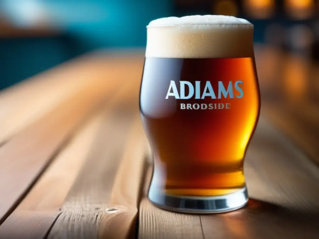 Cerveza Adnams Broadside en mesa de madera Cerveza Adnams Broadside: closeup en mesa de madera, color ámbar, burbujas y textura suave