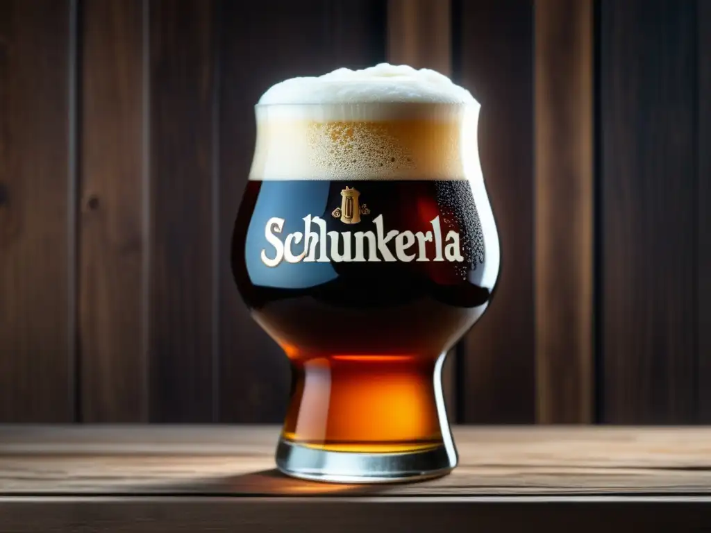 Cerveza Rauchbier Aecht Schlenkerla en vidrio con espuma cremosa y detalles ahumados