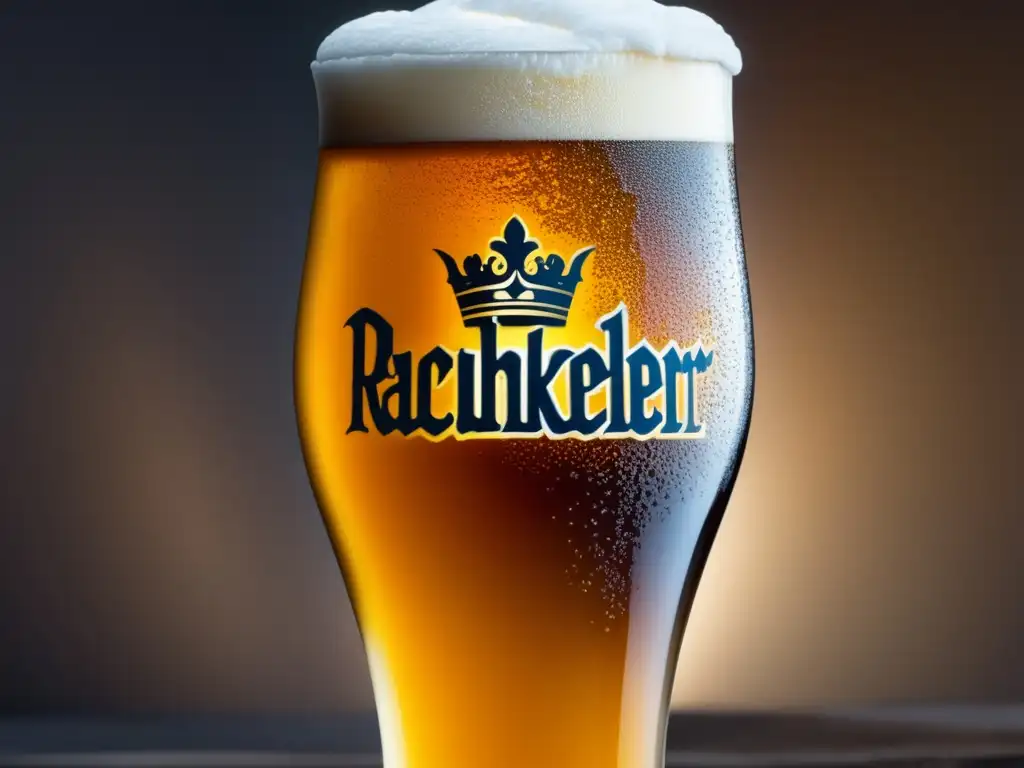 Una vista cercana de una copa alta y helada llena de Aecht Schlenkerla Rauchbier, una cerveza dorada con condensación y espuma cremosa